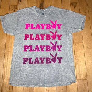 Playboy Distressed Acid Wash Repeating Logo Graphic T-shirt L